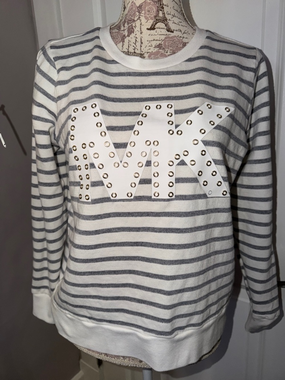Michael Kors White and Gray Striped MK Studded Crewneck Sweater